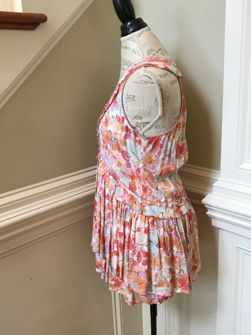 Poupette St Barth Fae Mini Dress Womens Small Orange White V-Neck Ruffle Floral - Picture 7 of 10
